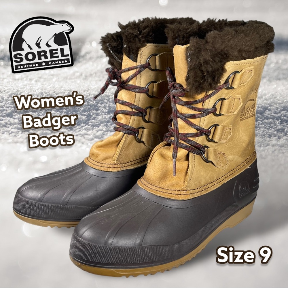 Women’s Sorel Badger Duck Winter Brown Tan Boots Size 9